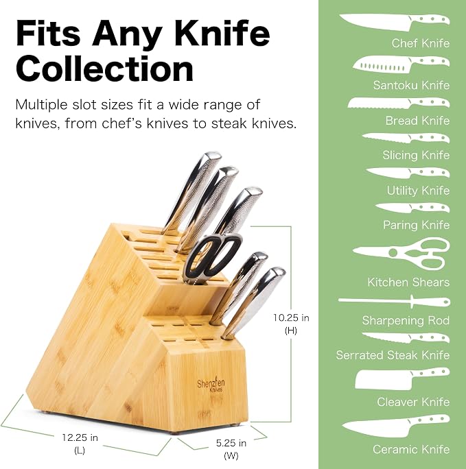 Shenzhen Knives 20 Slot Knife Block without Knives - Solid Wood Core Bamboo Veneer - X-Large 12.25x5.25x10.25 Inch Countertop Knife Holder Organizer and Kitchen Storage
