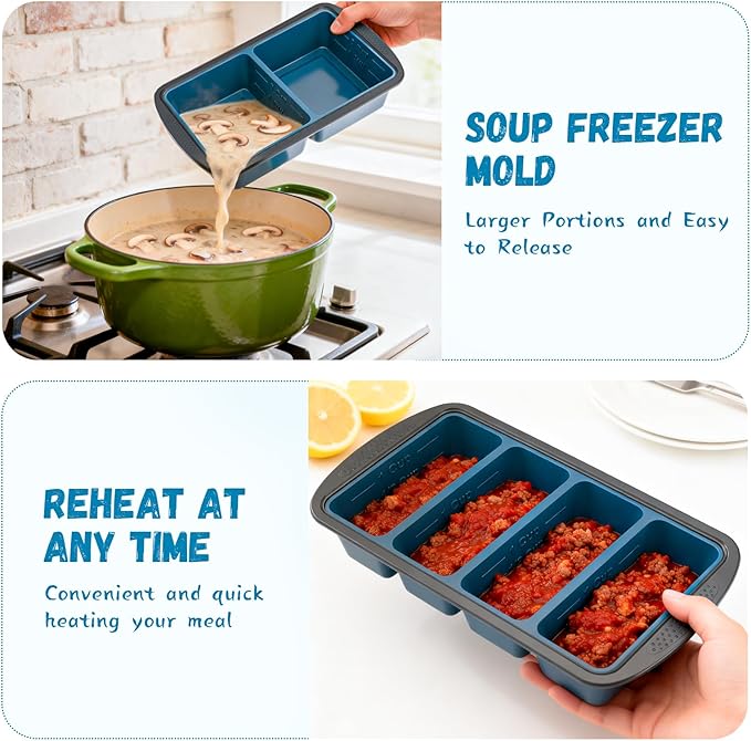 GORCI Silicone Freezer Tray With Lid, 4 Large 2 Cup Soup Freezer Molds, Soup Freezer Container for Meal Prepping, Large Ice Cube Tray， Perfect for Storing Leftovers, Sauces, Lasagna, 2-Pack
