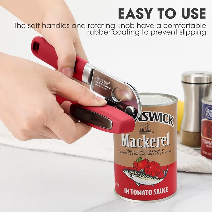 UHIYEE Classic Manual Can Opener for Home Kitchen, Durable 420J2 Stainless Steel Handheld Opener with Magnetic Lid Lifter & Easy-Turn Oversized Knob for Arthritis, Red