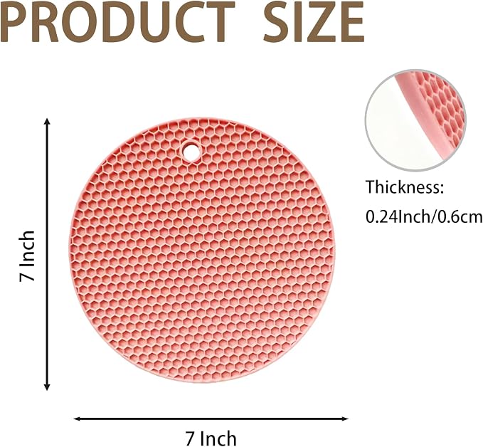 6-Pack Silicone Trivet Mats, Heat Resistant Hot Pads, Dishwasher Safe Kitchen Mats, BPA-Free Pot Holders for Table, Countertop, Stove, Honeycomb Design (Pink, 7“ Round)