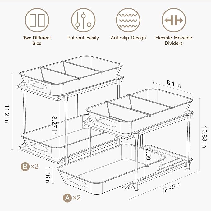 4-Pack 2-Tier Under Sink Organizer with Pull Out Drawers | Multi-use kitchen & bathroom storage. Includes hanging hooks and cups. transparent, space-saving cabinet design. 11.2 Inch