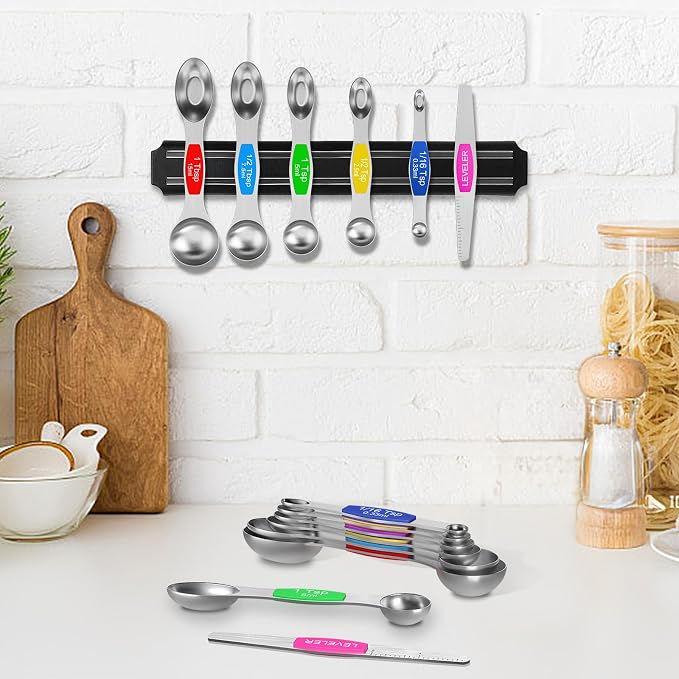 Wildone Stainless Steel Magnetic Measuring Spoons with Strong Magnets, 14pc | Including 8 Double Sided Magnetic Measuring Spoons, Leveler and 5 Mini Spoons for Spice Jar and Liquid Measuring, Multicolor