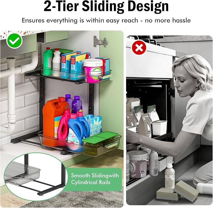 ARSTPEOE 2 Pack Double Sliding Under Sink Organizers and Storage,Two Tier Bathroom Storage and organization,Under Cabinet Organizer, Clear