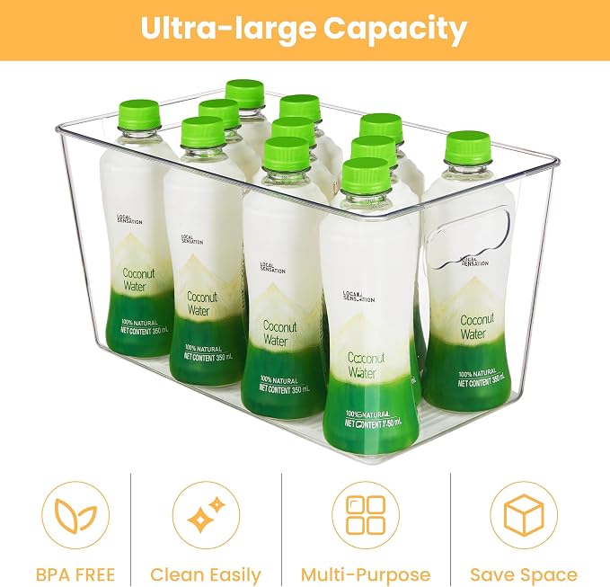 YIHONG 4 Pack Clear Storage Bins, Pantry Organizer Bins with Handle, XL | Plastic Bins, Pantry Storage Containers for Kitchen, Freezer, Cabinet, Closet, Bathroom, Under Sink Organizers and Storage