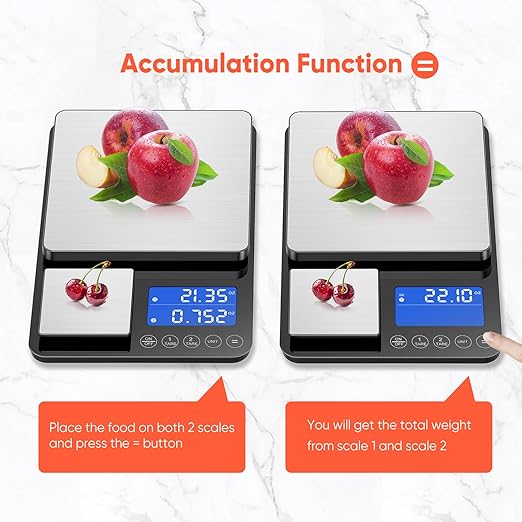 Dual Platform Digital Kitchen Scale, 33lb/15kg & 0.001oz/0.01g Precision, Two Scales in One, Coffee & Food Scale, Dual Display, Stainless Steel, Tare, g/oz/lb/ml