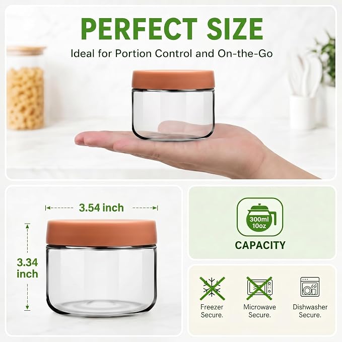 10 oz Small Glass Containers with Lids, Food Storage Jars, 6pk | Perfect for Chia Pudding Jam Snacks Yogurt Overnight Oats Candy ,Dishwasher safe,Airtight