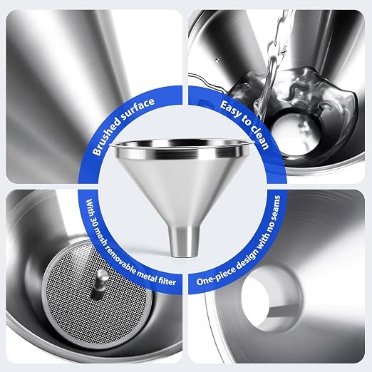4-Piece Stainless Steel Kitchen Funnel Set, Includes 3 Funnel Sizes and 1 Strainer. Ideal for transferring seasonings, Oils, Liquids, Dry Goods and Powders. Durable and Easy to Clean.