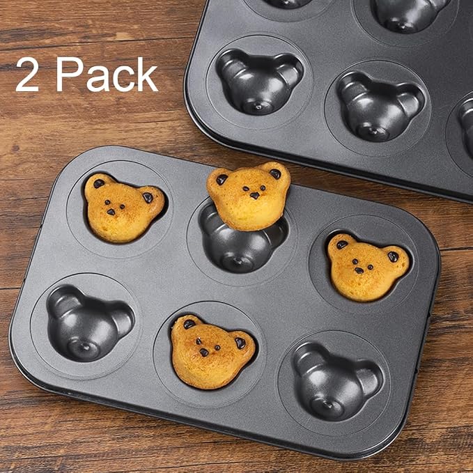 2 Pack Mini Bear Shaped Muffin Pans, 6 Cavity Non-Stick Madeleine Mold Cake Pan, Mini Muffin for Edible Bear Cake Topper Decoration Shower Birthday Party Decorations