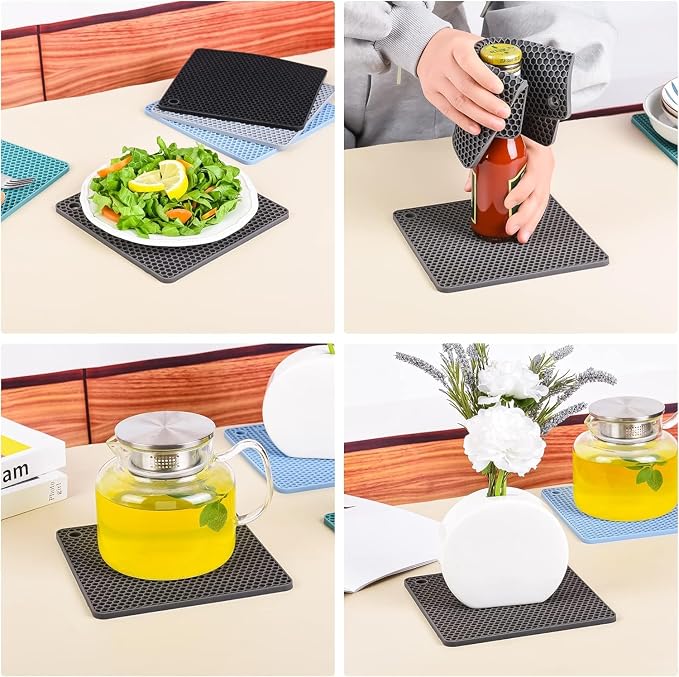 Silicone Trivets Mats, Yellow Silicone Hot Pads for Pot Holder, Square Trivets for Hot Dishes, Pots and Pans, Multi Purpose Hot Pads for Kitchen Counter, Non Slip Heat Resistant Mats Set 4