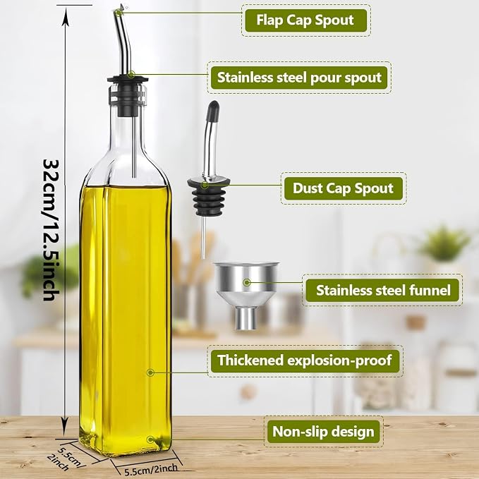 Showvigor Olive Oil Dispenser, 17oz/500ml Square Tall Glass Container With 2 Stainless Steel Pourers, 2 Labels, 1 Brush and 1 Funnel for Kitchen