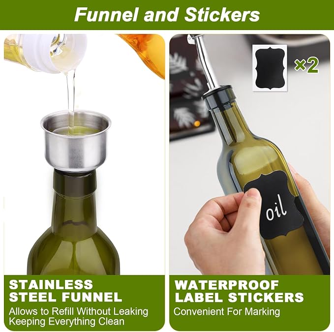 Green Olive Oil Dispenser Bottle - 17oz/500ml Glass Oil and Vinegar Bottles Set for Kitchen, Oil Dispenser with 2 Stainless Steel Pourers, Funnel and Brush
