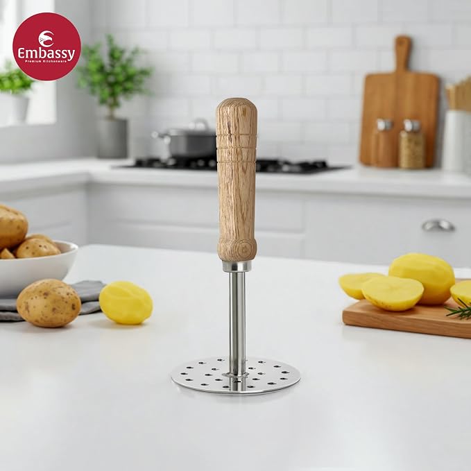 Embassy Stainless Steel Vegetable/Potato/Pav Bhaji Masher with Wooden Handle Size 3 Pack of 1 8.5 cms