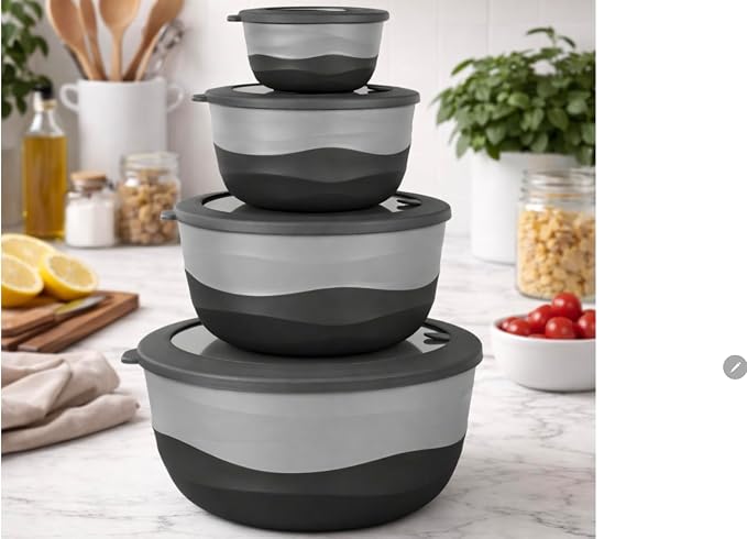 Pera Mixing Bowls with Lids, 8-Piece Airtight Leak-Proof Nesting BPA-Free Prep Bowl Set for Kitchen & Food Storage, Large 4200ml Capacity, Microwave & Dishwasher Safe(Black)