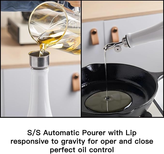 YOLIFE Olive Oil Dispenser Bottle, 17oz/500ml Ceramic Oil Bottle (White) | Oil Dispenser with Gravity Spout, Leak Proof EVOO Dispensing Bottle with 2 Spouts and 1 Funnel for Vinegar, Kitchen