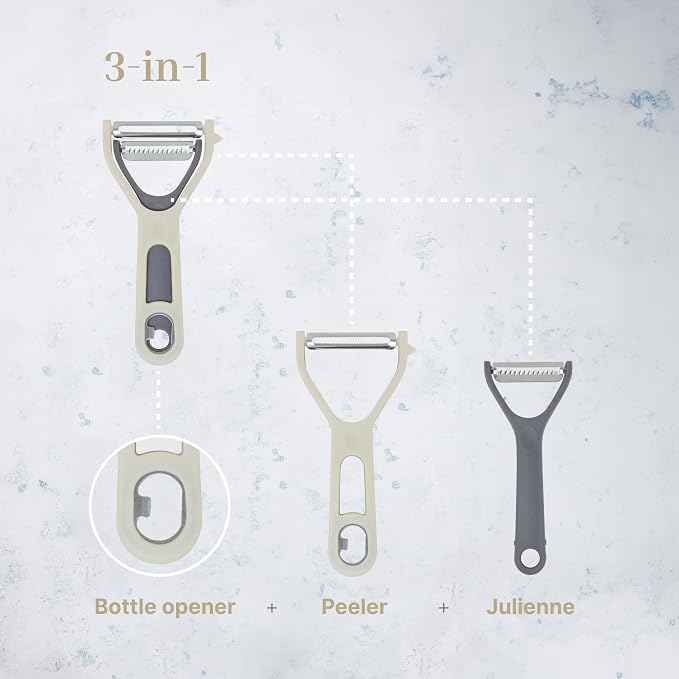 3 in 1 Vegetable Peeler – Julienne Slicer with Bottle Opener and Built-in Eye Remover – Stainless Steel Blade with Comfortable Handle – Potato, Cabbage, and Carrot Peeler for Kitchen – Cream & Grey