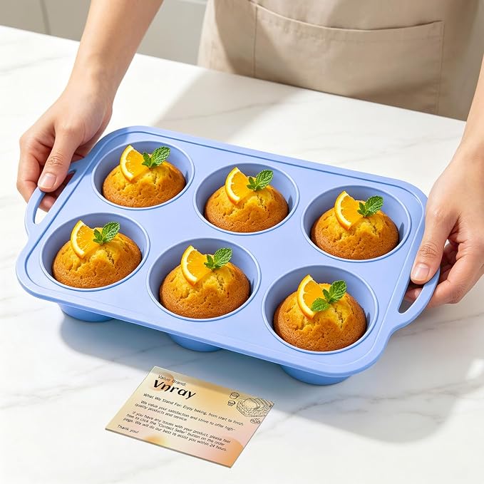 Jumbo Silicone Muffin Pan with Frame, Non Stick Large Cupcake Baking Tin | Silicone Cupcake Pan with Handles 6 Cup, BPA Free Silicon Muffin Tin Tray Extra Large for Baking Egg Bites Mold Vnray Blue