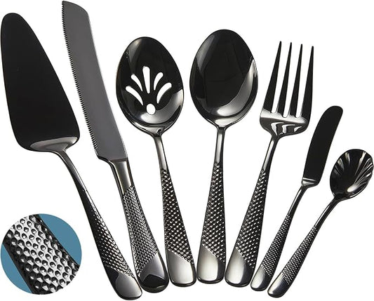 Xideman® 7-Piece Hammered 18/10 Stainless Steel Silverware Serving Utensil Set - Hostess Flatware with Cake Knife & Cake Server (Black)