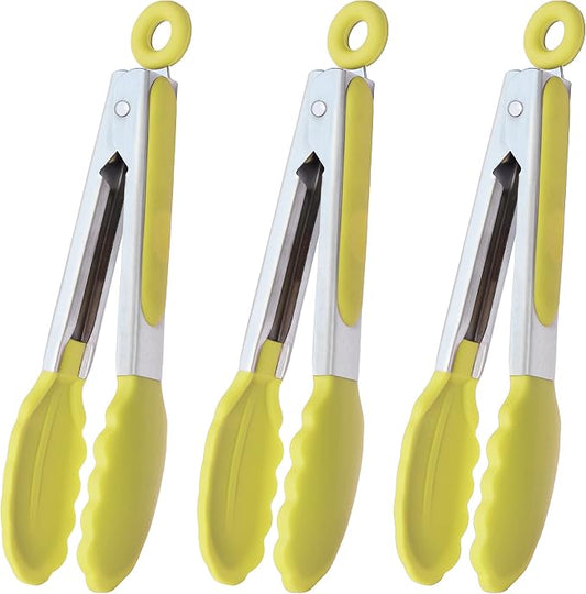 HINMAY Small Appetizer Tongs 7" Silicone Kitchen Tongs, Set of 3 (Yellow)