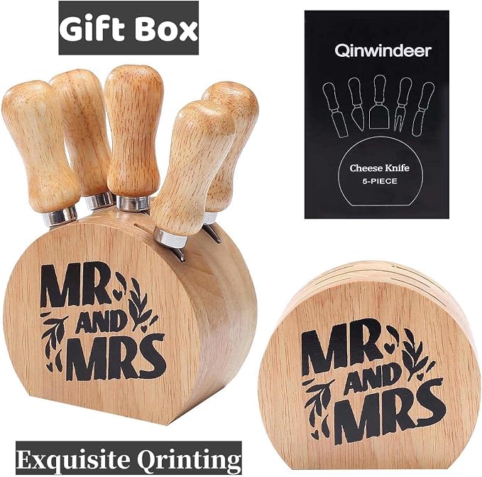 Cheese Knife Set with Wooden Holder,Cheese Spreader Knives Set of 5 for Charcuterie Board,Charcuterie Boards Accessories Charcuterie Utensils Tools Git Box (Mr Mrs)