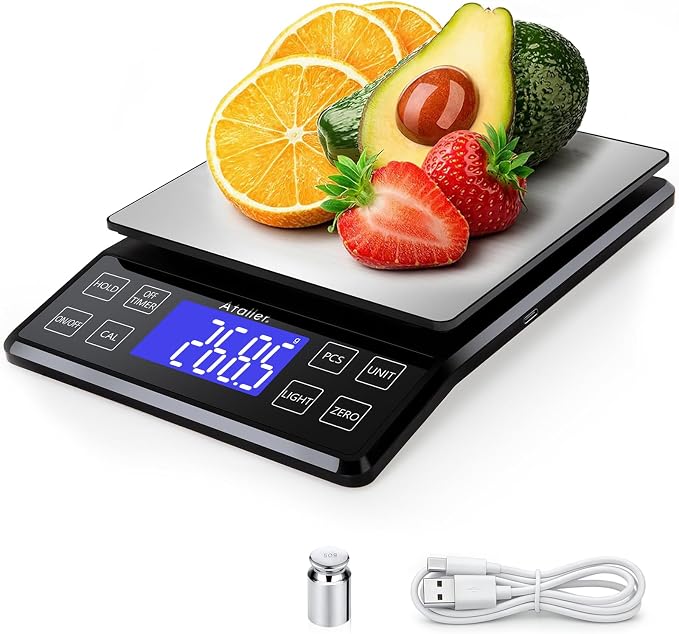 Rechargeable Digital Kitchen Scale, 0.1g Resolution Max 5kg 11Ibs | Food Scale with PCS Counting, Hold, Tare Functions, 6.3"x6.3" Large Stainless Steel Platform, for Cooking, Baking, Meal Prep