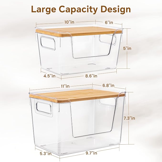 2 Large and 2 Small Pantry Organizers and Storage with Bamboo Lids, Stackable Clear Bins for Onion, Potato, Fruit, Vegetables, Trash Bag Dispenser, Kitchen and Under Sink Organizer