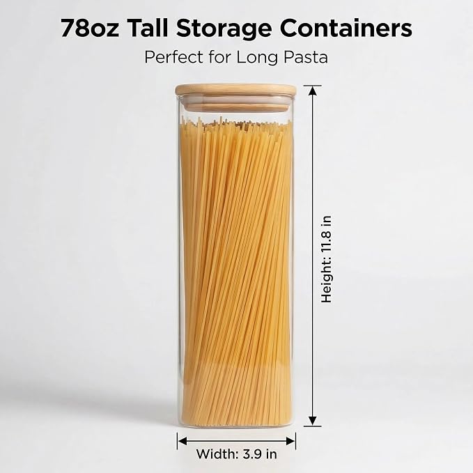 Pasta Storage Containers 3 Pack, 78oz Square Airtight Glass Spaghetti Container with Bamboo Lids, Tall Glass Pasta Storage Jar for Pantry Organization Spaghetti Linguine Fettuccine Cereal