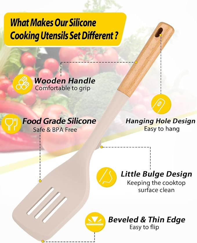 Pack of 4 Silicone Kitchen Utensils Set, Non Stick Solid Spatulas and Heat Resistant Slotted Spoons with Wooden Handle, Ideal BPA Free Cooking Utensils for Mixing,Serving,Turning,Stirring(KHAKI)