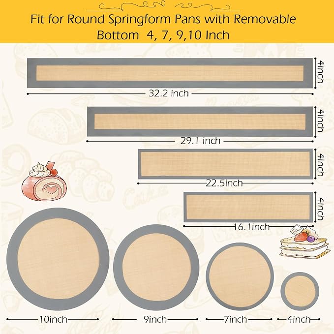 Honeydak 4 Set Silicone Baking Mat for 4, 7, 9, 10 Inch Springform Pan Protector Nonstick Reusable Cake Pan Liners for Cheesecake Baking Prevent Sticking to Bottom & Side, Easy Release & Clean(Gray)