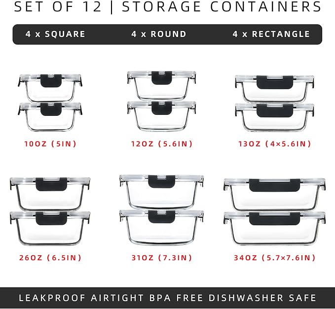 12 Pack Glass Meal Prep Containers with Airtight Lids, Leak-Proof Food Storage Containers, Dishwasher/Microwave/Oven/Freezer Safe Glass Containers for Lunch, Leftovers, to Go (Grey)