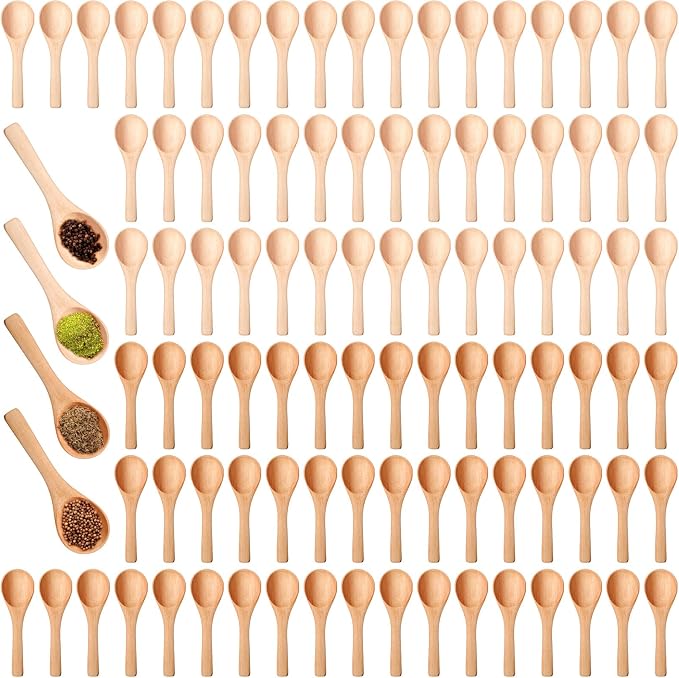 Boao 100 Pcs Small Wooden Spoons, 3.5'' L, Mini Wood Natural Tiny Spoons Wooden Little Teaspoons for Jars Sugar Creamer Honey Spices Salt Kitchen Supplies (Mix Color)