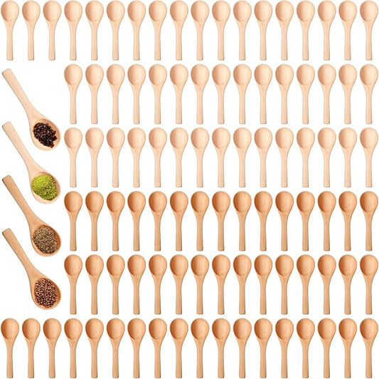 Boao 100 Pcs Small Wooden Spoons, 3.5'' L, Mini Wood Natural Tiny Spoons Wooden Little Teaspoons for Jars Sugar Creamer Honey Spices Salt Kitchen Supplies (Mix Color)