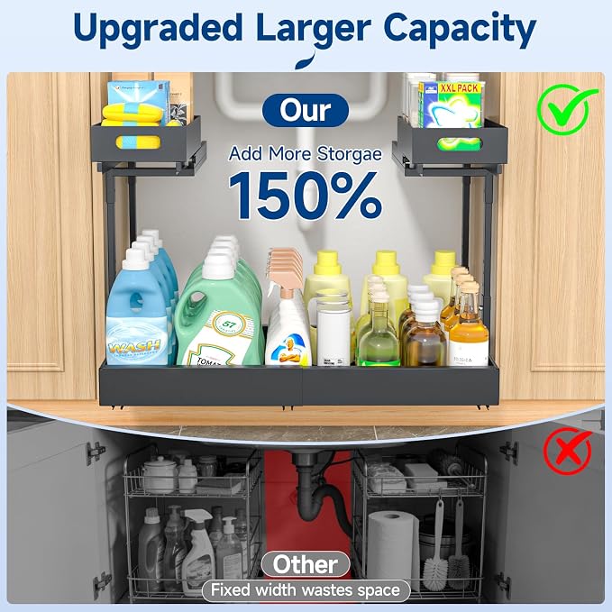 Insputer Upgrade Expandable Under Sink Organizer, 2 Tier Metal Under Cabinet Storage with 3 Slide Rails, Height Adjustable, Thickened Pull Out Drawer Shelf for Bathroom, Kitchen, Laundry, Pantry
