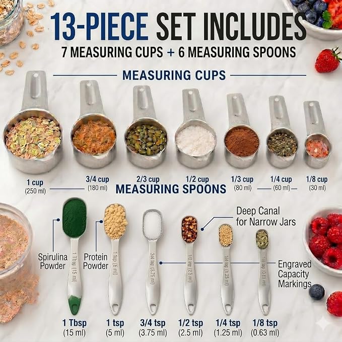 Stainless Steel Measuring Cups and Spoons Set, 13-Piece Metal Measuring Set with Engraved US & Metric Measurements, 7 Cups & 6 Spoons for Baking, Cooking & Meal Prep
