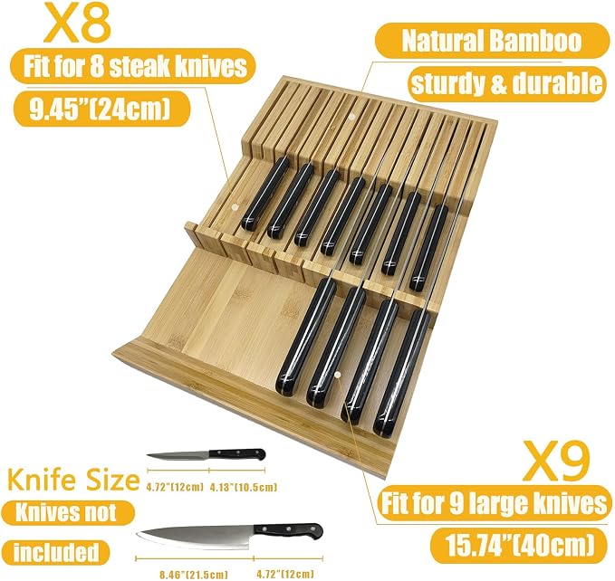 Natural Bamboo In-Drawer Knife Block, 17 Slot Large Capacity Knives Organizer, Upper and Lower Kitchen Steak Knife Storage Rack - Holds 8 Short + 9 Long Knives