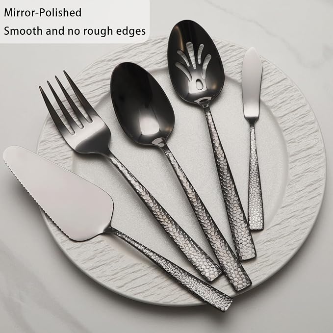 Large Hostess Serving Utensils Set, Stainless Steel Heavy Duty Hammered Serving spoons, Slotted Spoons, Serving Fork, Cake Server, Butter Knife, Dishwasher Safe（Black）