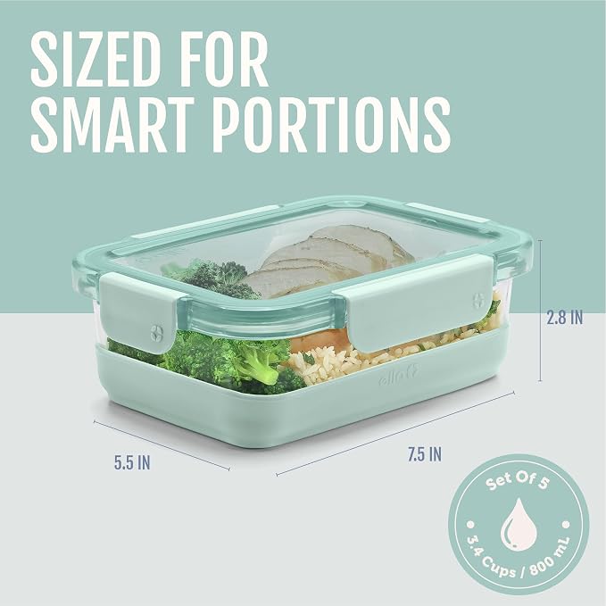 Ello Duraglass Refresh 3.4 Cup Meal Prep Containers, 10 Pc, Garden Goals | Glass meal prep container set with silicone boots, airtight leakproof BPA-free lids, microwave, freezer & dishwasher safe