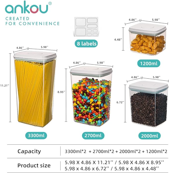 Food Storage Containers Pop Airtight Food Storage Containers with Lids for Kitchen Pantry Organizing Cereal Snack Flour Sugar Coffee Spaghetti Stackable - 8 Pcs (1.2, 2.0, 2.7, 3.3qt)*2