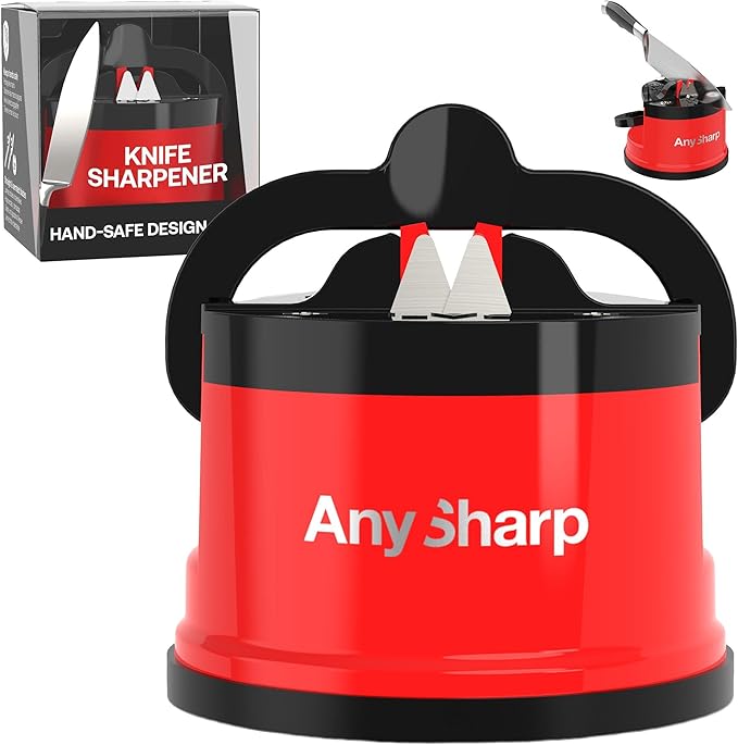AnySharp – Global – Hands Free Knife Sharpener - Easy to Use Sharpening Tool with PowerGrip Suction Base and 20-Degree Pre-Set Angle - for All Knives: Chef's, Serrated, and Hardened Steel - Red