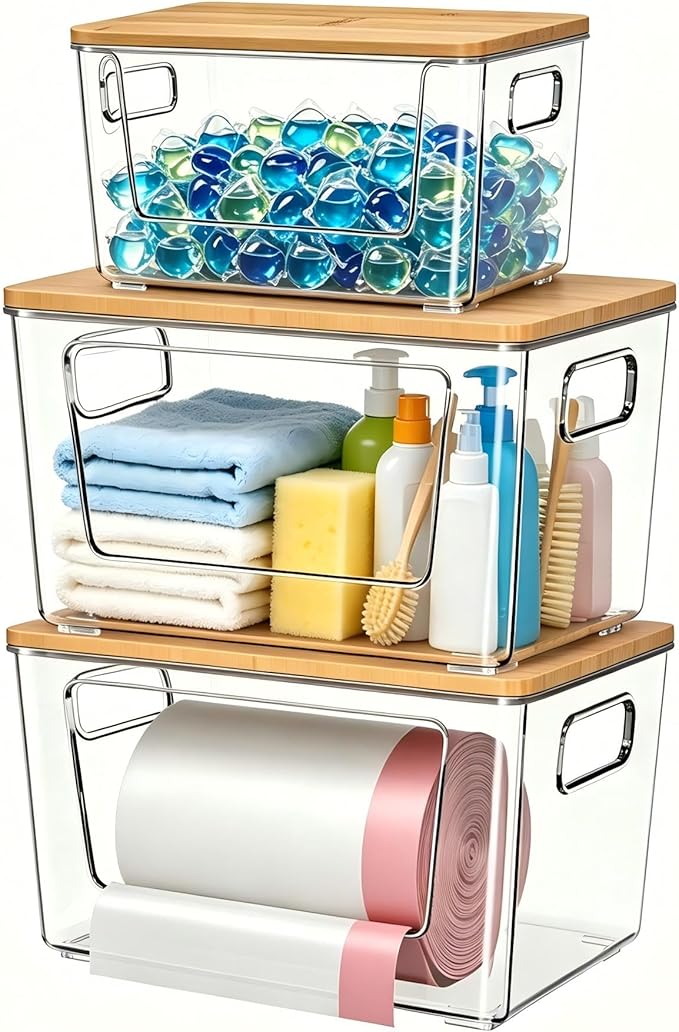 spospo 3 Pack Trash Bag Holder with Bamboo Lid Stackable Trashbag Dispenser | Extra Large Garbage Bag Holder for Kitchen Laundry Room Under Sink Organization and Storage