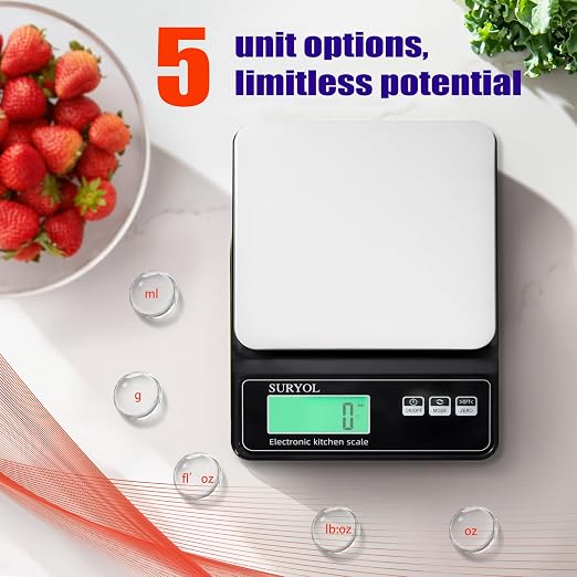 Digital Food Scale 0.5g/0.1oz Kitchen Scale - 11lb 5 Units Tempered Glass & Stainless Steel - Food Weight Scale Grams and Ounces for Cooking, Baking