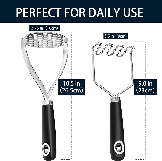 18/0 Stainless Steel Potato Mashers, 10.3-inch, Non-slip Handle, Kitchen Tool for Avocado Vegetable Sauce Butter Pumpkin Puree Bean, Dishwasher Safe, Pack of 2