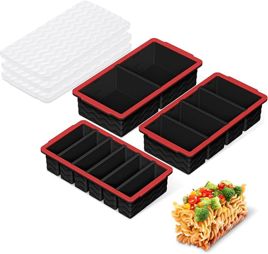 3-Pack Silicone Freezer Trays with Lid,2 Large 2-Cup(500ml)&4 Medium 1-Cup(250ml)&6 Small 1/2-Cup(125ml) Soup Freezer Container Molds,Ice Cube Tray For Meal Prep&Freezing Soup(Black with Red Trim)