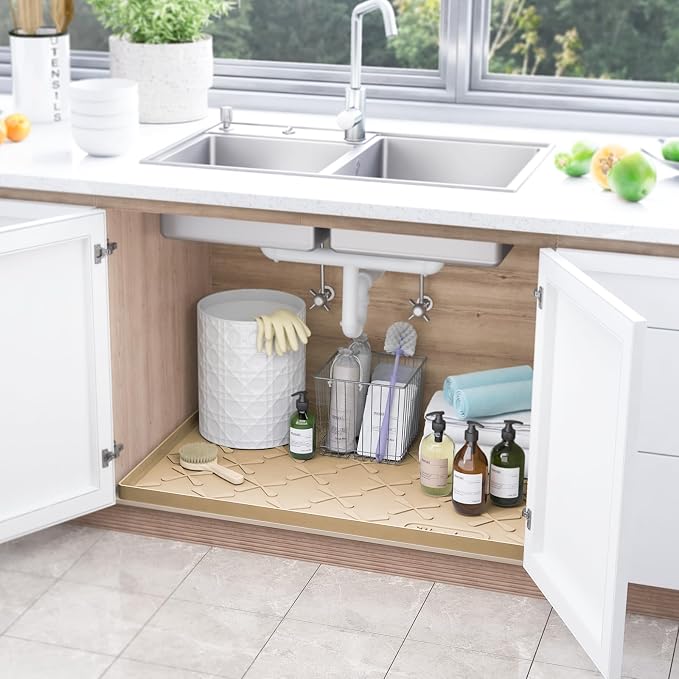Waterproof Under Sink Mat 31" x 19" Silicone Mat Cabinet Protector | Heavy Duty Kitchen Cabinet Liner, Easy Press Drain, Home Essentials for Pet Feeding, Boots, Bathroom, Organizers & Storage