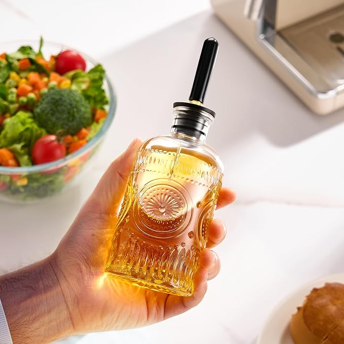 Baalaka Olive Oil Dispenser Bottle, 7 oz Glass Oil Bottle with Metal Spout | A small olive oil dispenser is an olive oil bottle, a glass oil dispenser for kitchen use and a vinegar dispenser for salads