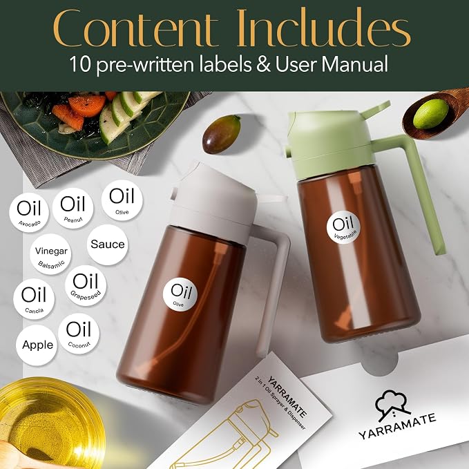 YARRAMATE 16oz/470ml Light Blocking Oil Sprayer for Cooking with Stickers, Food-Grade 2 in 1 Olive Oil Dispenser Bottle for Kitchen,Dark Amber Glass Oil Bottle for Air Fryer, BBQ (LotusRootPink)