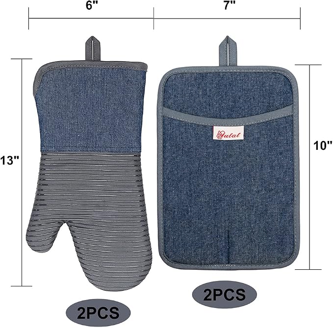 Yutat Oven Mitts, Pot Holders Set of 4 Made with Pure Cotton and Food Grade Non-Slip Silicone - 500 F Heat Resistant Oven Mitts and Pot Holders Sets for Kitchen Cooking (4pcs Set, Grey and Denim)