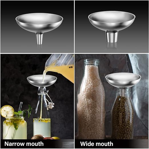 Serinar Stainless Steel Funnel, 2 Large and Small Mouth Filling Kitchen funnels, Liquids, fluids, Spices and Powders, Durable and Washable.