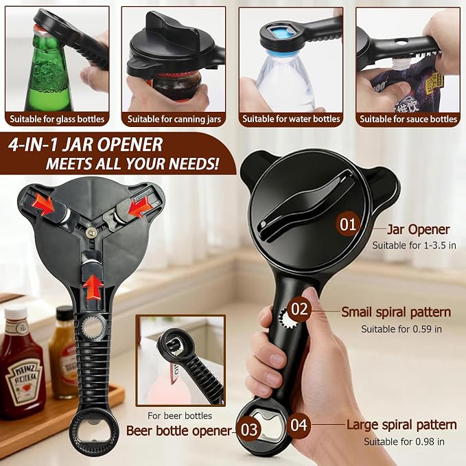 Jar Opener Bottle Opener and Can Opener for Weak hands, 4 in 1 Multi Function Bottle Opener Lid Opener For Arthritic Hands, Fits Kitchen Jars, Bottles & Beer Caps (Beige)