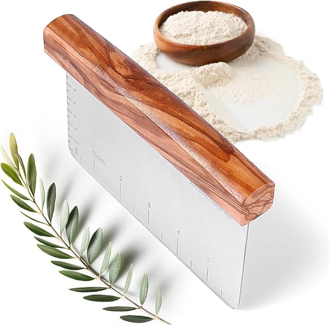 Olive Wood 3"x 6" Bench Scraper for Bread, Stainless Steel Kitchen Utensils Dough Scraper Rounded Corners | Gifts for Sourdough Bakers | Bread Baking Supplies | Vegetable Chopper Pizza Cutter