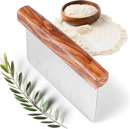 Olive Wood 3"x 6" Bench Scraper for Bread, Stainless Steel Kitchen Utensils Dough Scraper Rounded Corners | Gifts for Sourdough Bakers | Bread Baking Supplies | Vegetable Chopper Pizza Cutter